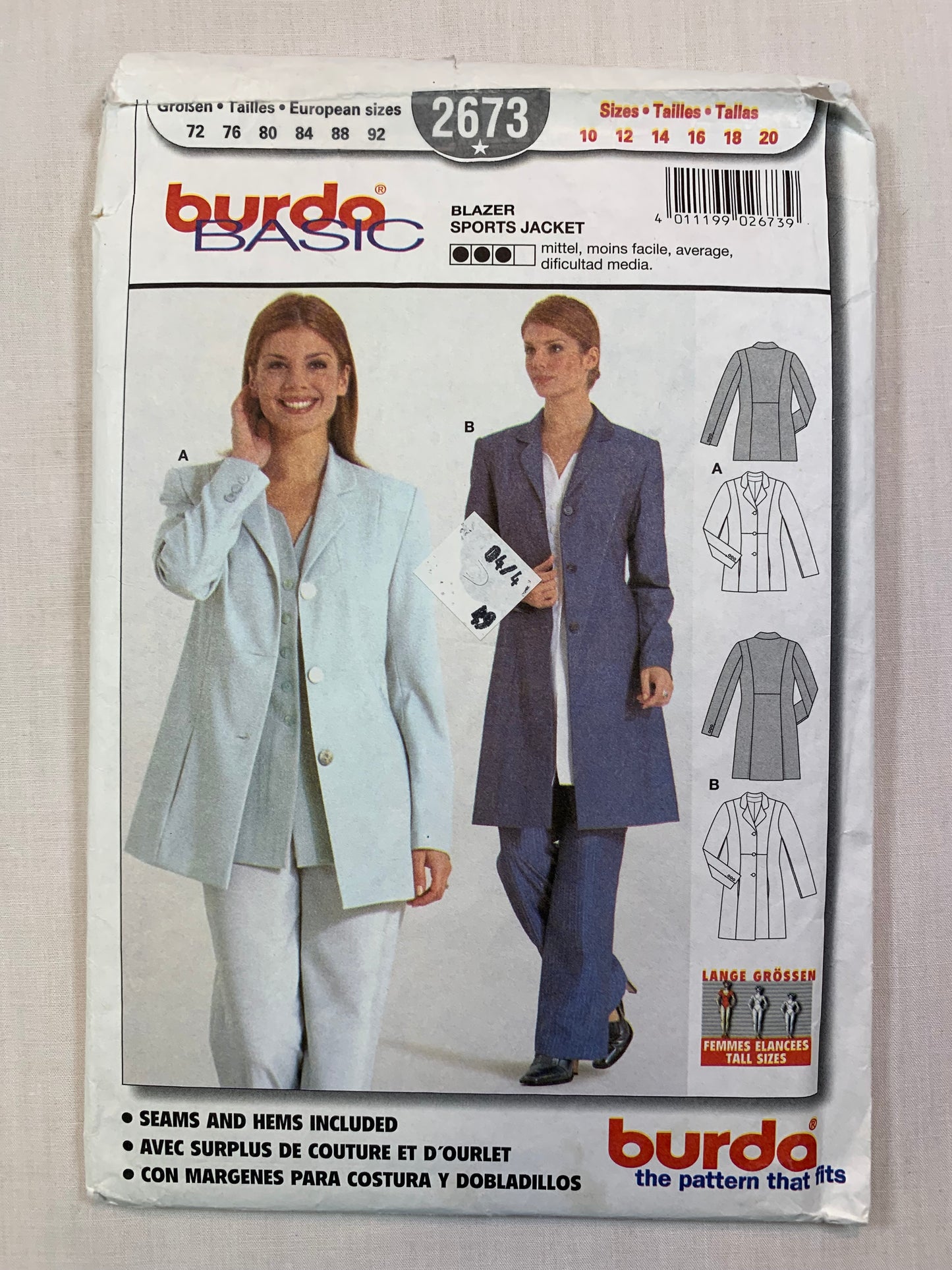 Burda Sewing Pattern 2673 Misses' Coat, Jacket, Sports Blazer, Long Sleeves, Button Front, Collar, Pockets, Size 10-14, Cut, 2000
