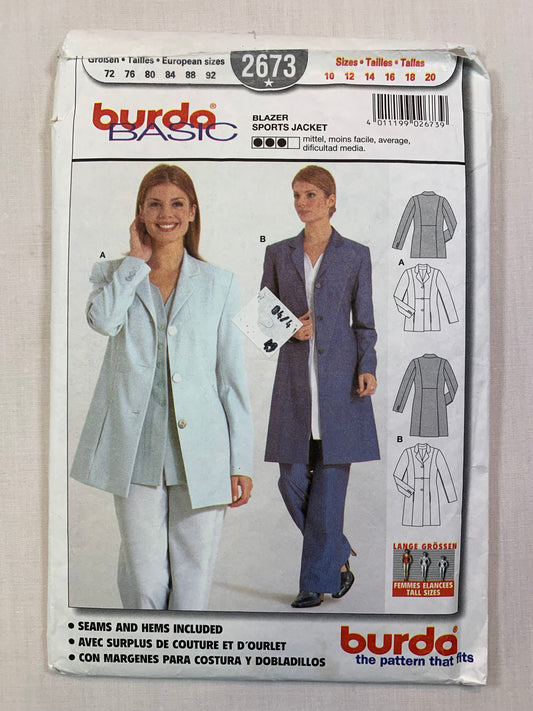 Burda Sewing Pattern 2673 Misses' Coat, Jacket, Sports Blazer, Long Sleeves, Button Front, Collar, Pockets, Size 10-14, Cut, 2000