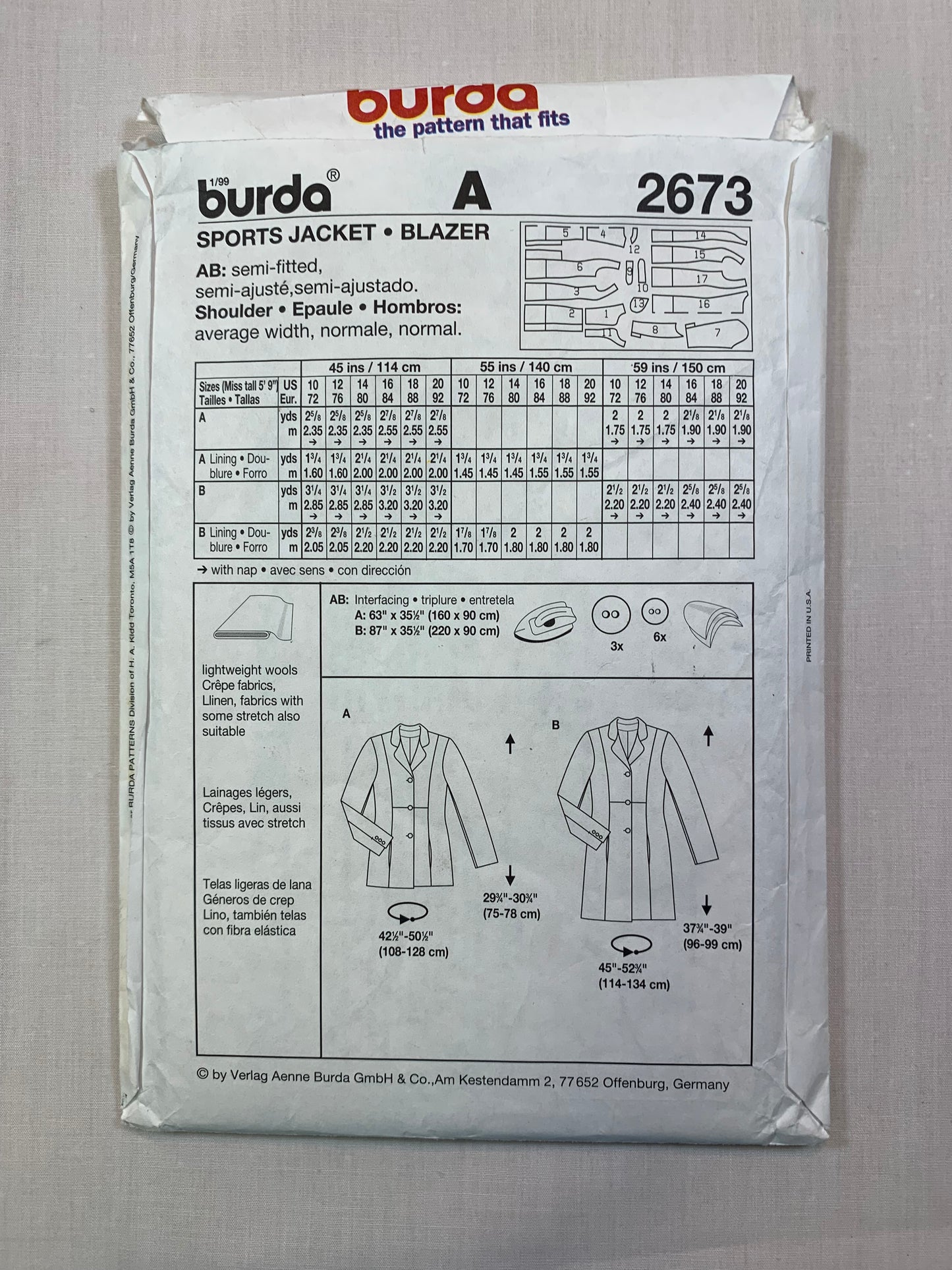 Burda Sewing Pattern 2673 Misses' Coat, Jacket, Sports Blazer, Long Sleeves, Button Front, Collar, Pockets, Size 10-14, Cut, 2000