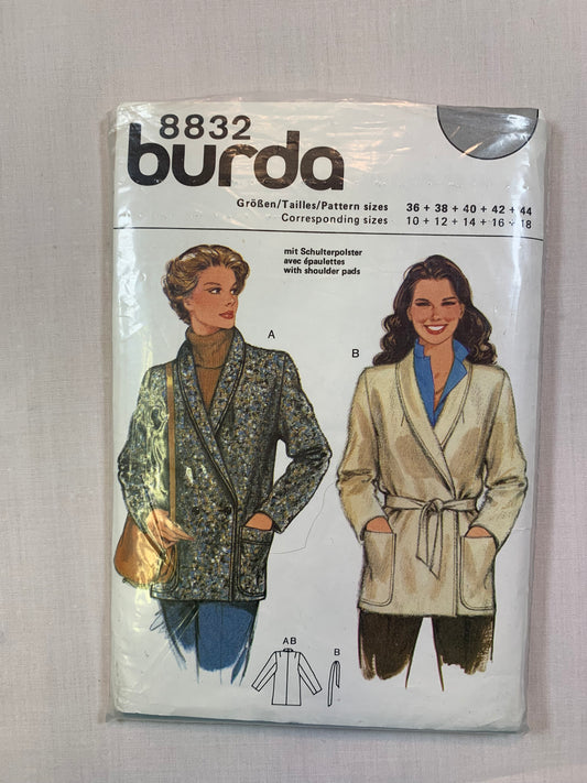 Burda Sewing Pattern 8832 Misses' Coat, Jacket, Shoulder Pads, Belt, Pockets, Wrap, Size 10-18, Cut, 2000