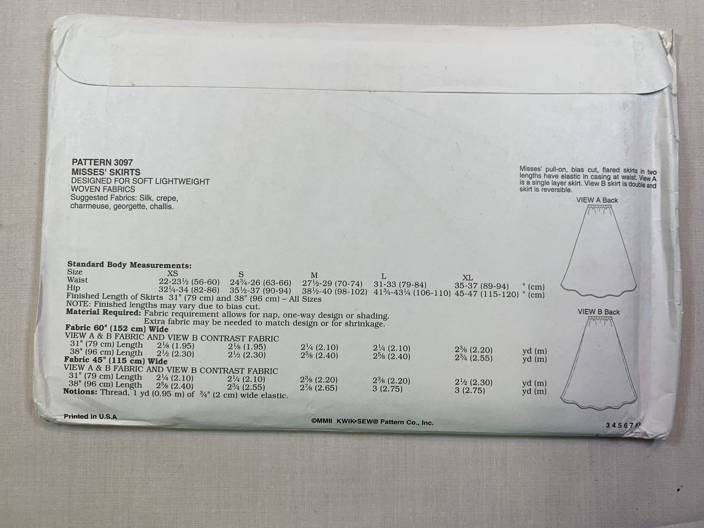 KWIK 3097 Misses' Skirts, Size XS-XL, Uncut, 2002