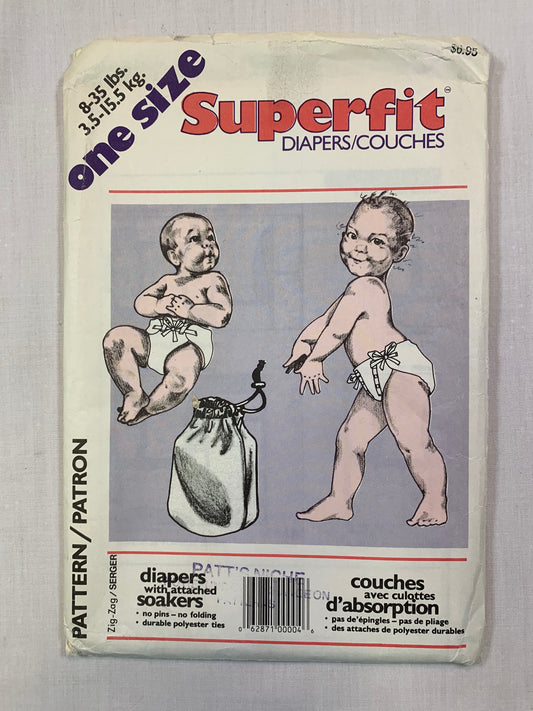 Vintage Superfit Diapers Sewing Pattern, Attached Soakers, 8-35 Pounds, Uncut, 1990