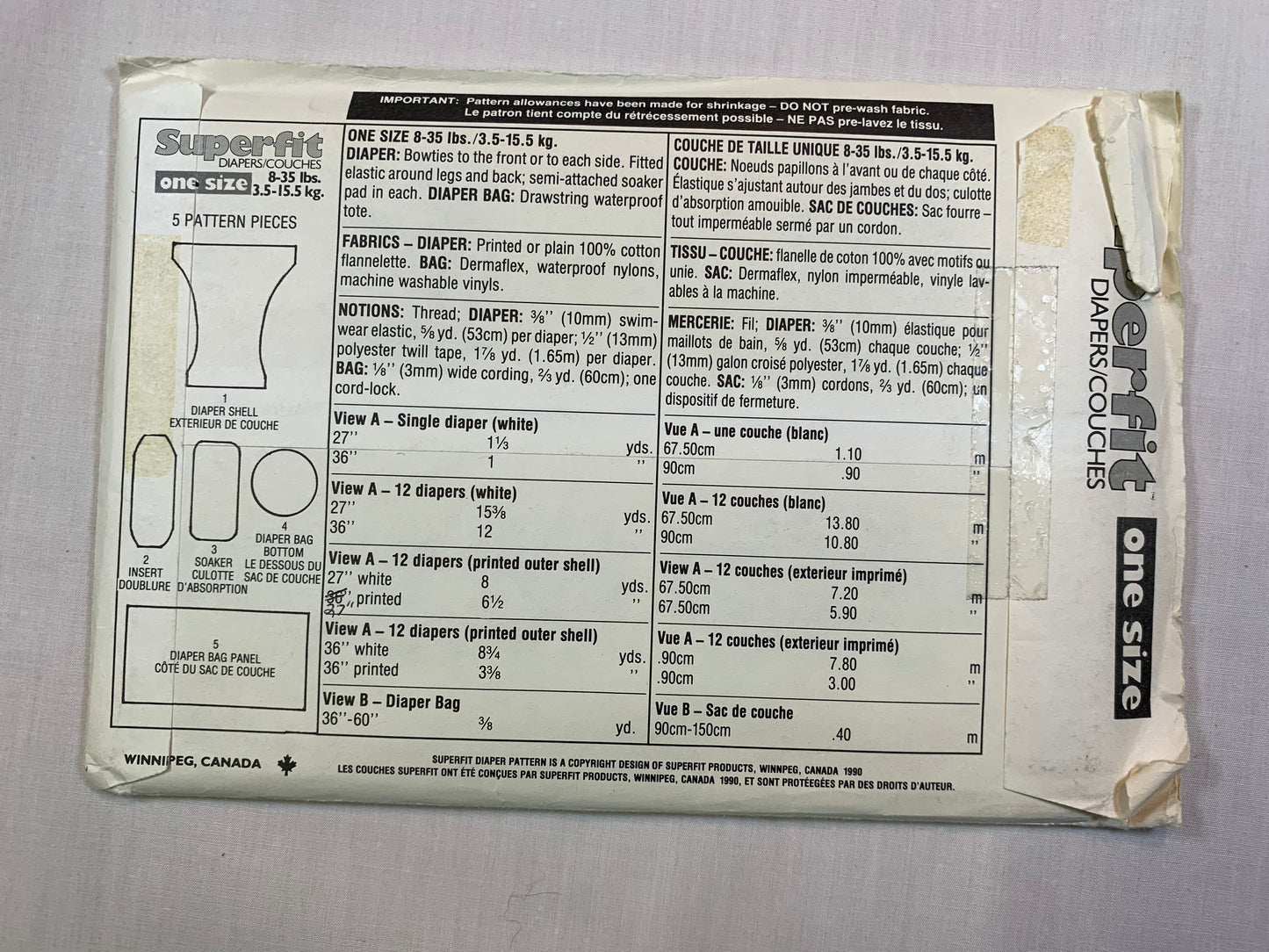 Vintage Superfit Diapers Sewing Pattern, Attached Soakers, 8-35 Pounds, Uncut, 1990