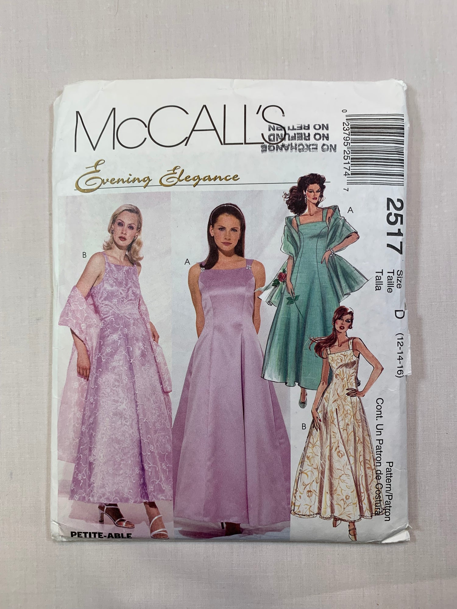 McCall's 2517 Misses' Dress, Gowns, Crinoline, Stole, Size 12-16, Uncut, Vintage 1999