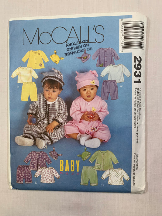 McCall's 2931 Infants' Jacket, Top, Pants, Hat, Size 13-21 Pounds, Cut, 2000