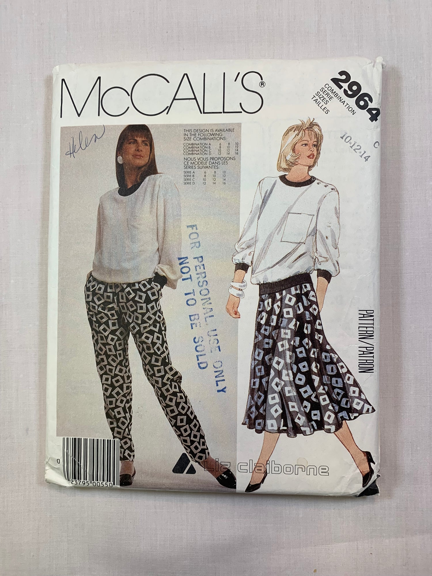 McCall's 2964 Misses' Top, Skirt, Pants, Size 10-14, Cut, Vintage 1987