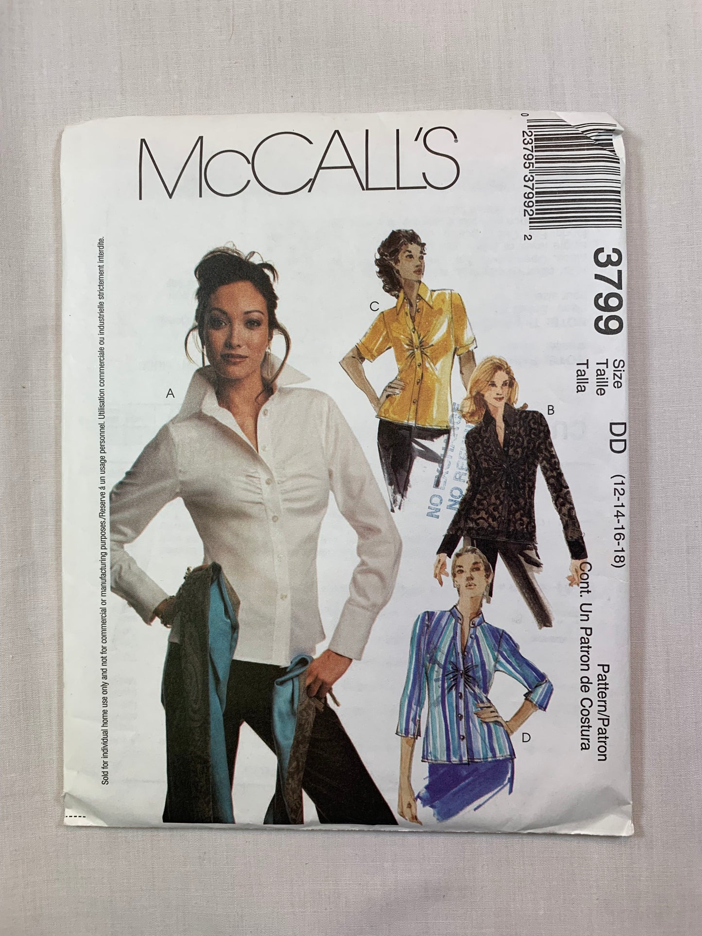 McCall's 3799 Misses' Shirts, Top, Size 12-18, Uncut, 2002