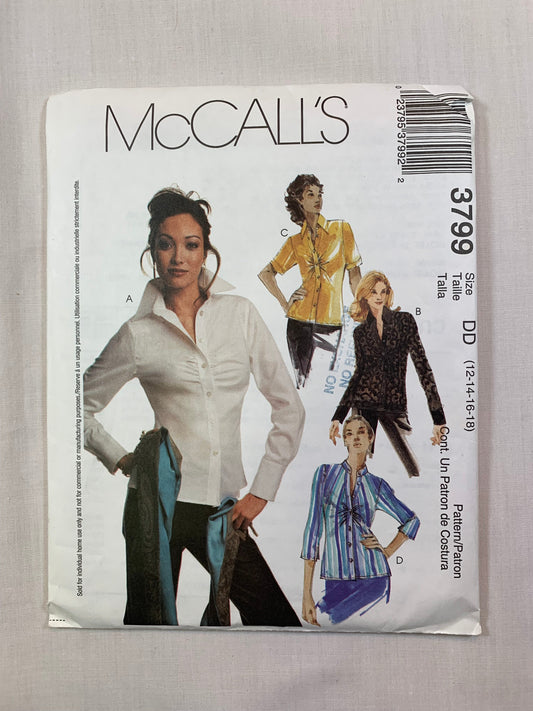 McCall's 3799 Misses' Shirts, Top, Size 12-18, Uncut, 2002