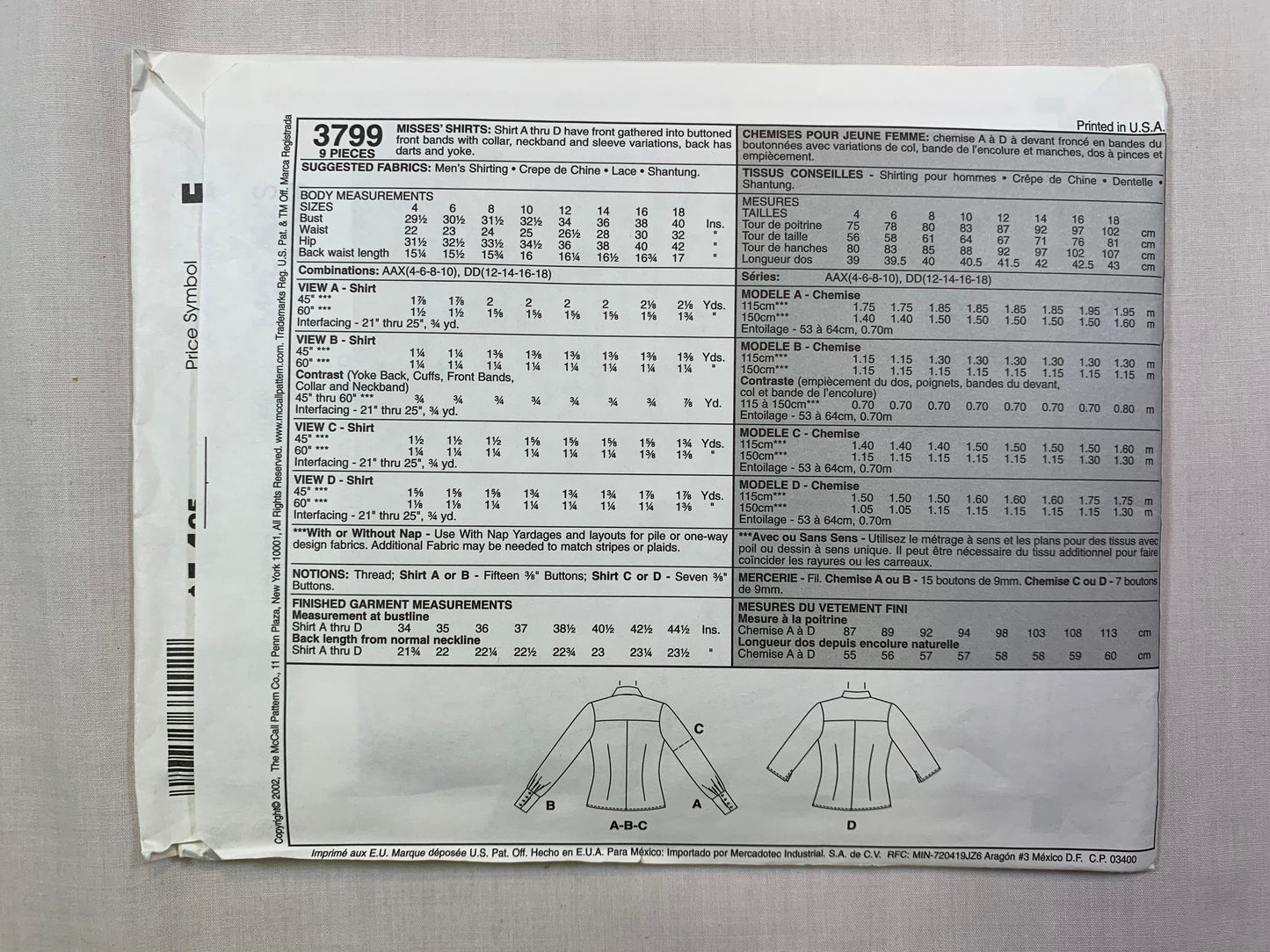 McCall's 3799 Misses' Shirts, Top, Size 12-18, Uncut, 2002