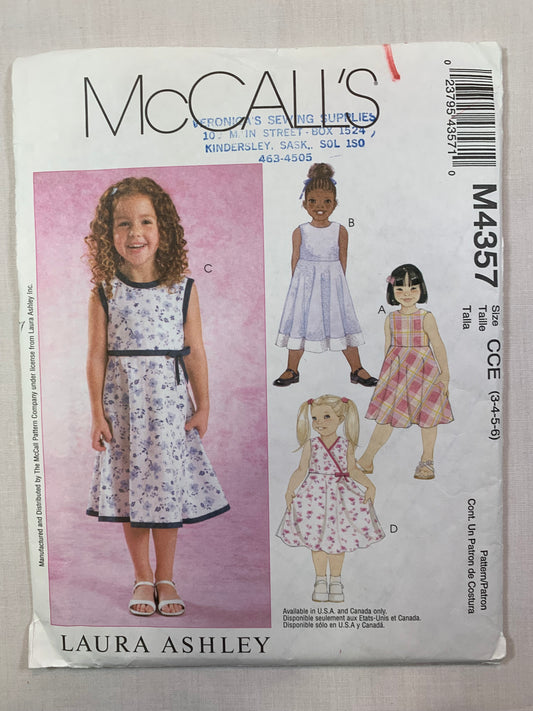 McCall's M4357 Children's Girls' Dresses, Size 3-6, Uncut, 2004