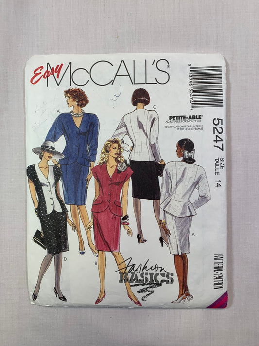 McCall's 5247 Misses' Two Piece Dress. Top, Skirt, Size 14, Cut, Vintage 1991