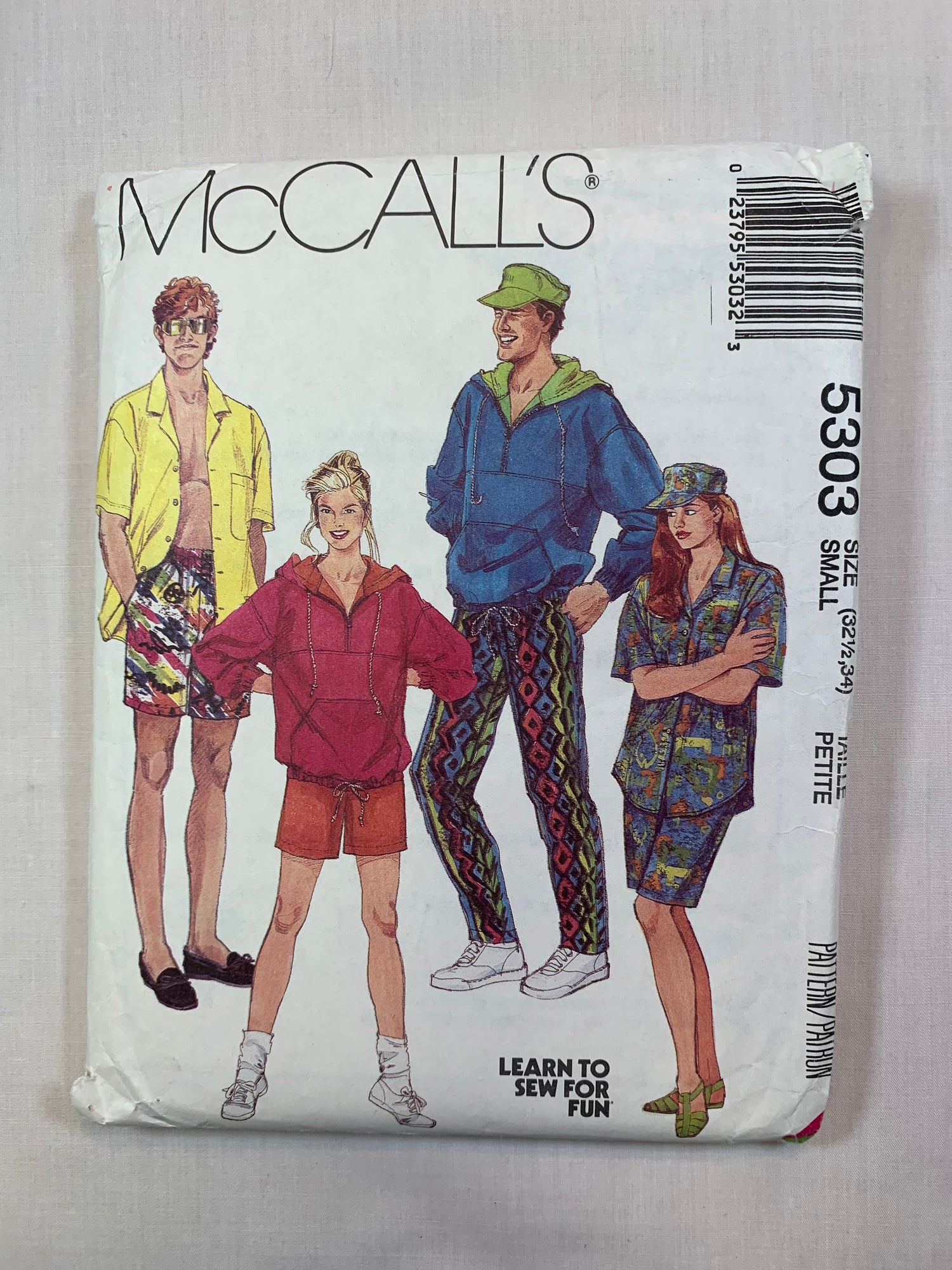 McCall's 5303 Misses', Men's, Teens' Sweatshirt, Shirt, Pants, Shorts, Hat, Size 32 1/2-34, Uncut, Vintage 1991
