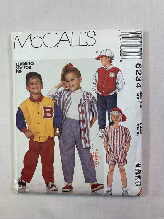 McCall's 6234 Girls' Boy's Jacket, Shirt, Tops, Pants, Shorts, Hat, Size 5-6, Cut, Vintage 1992