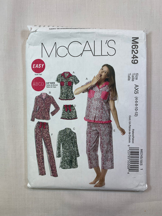 McCall's M6249 Misses' Top, Sleepwear, Pajamas, Pants, Capri Pants, Nightshirt, Size 4-12, Cut, 2010