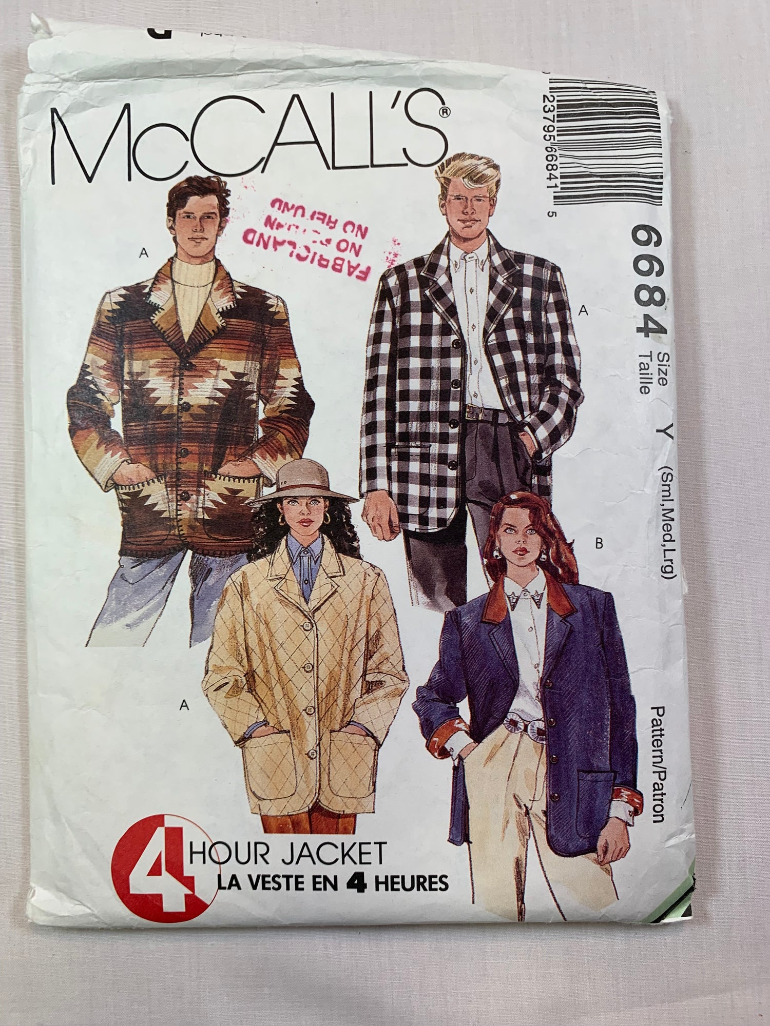 McCall's 6684 Misses' Men's Jacket, Size 34-44, Cut, Vintage 1993