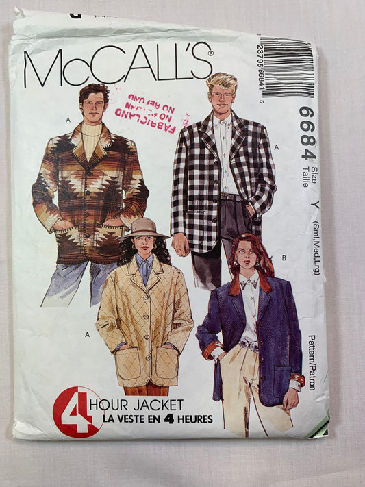 McCall's 6684 Misses' Men's Jacket, Size 34-44, Cut, Vintage 1993