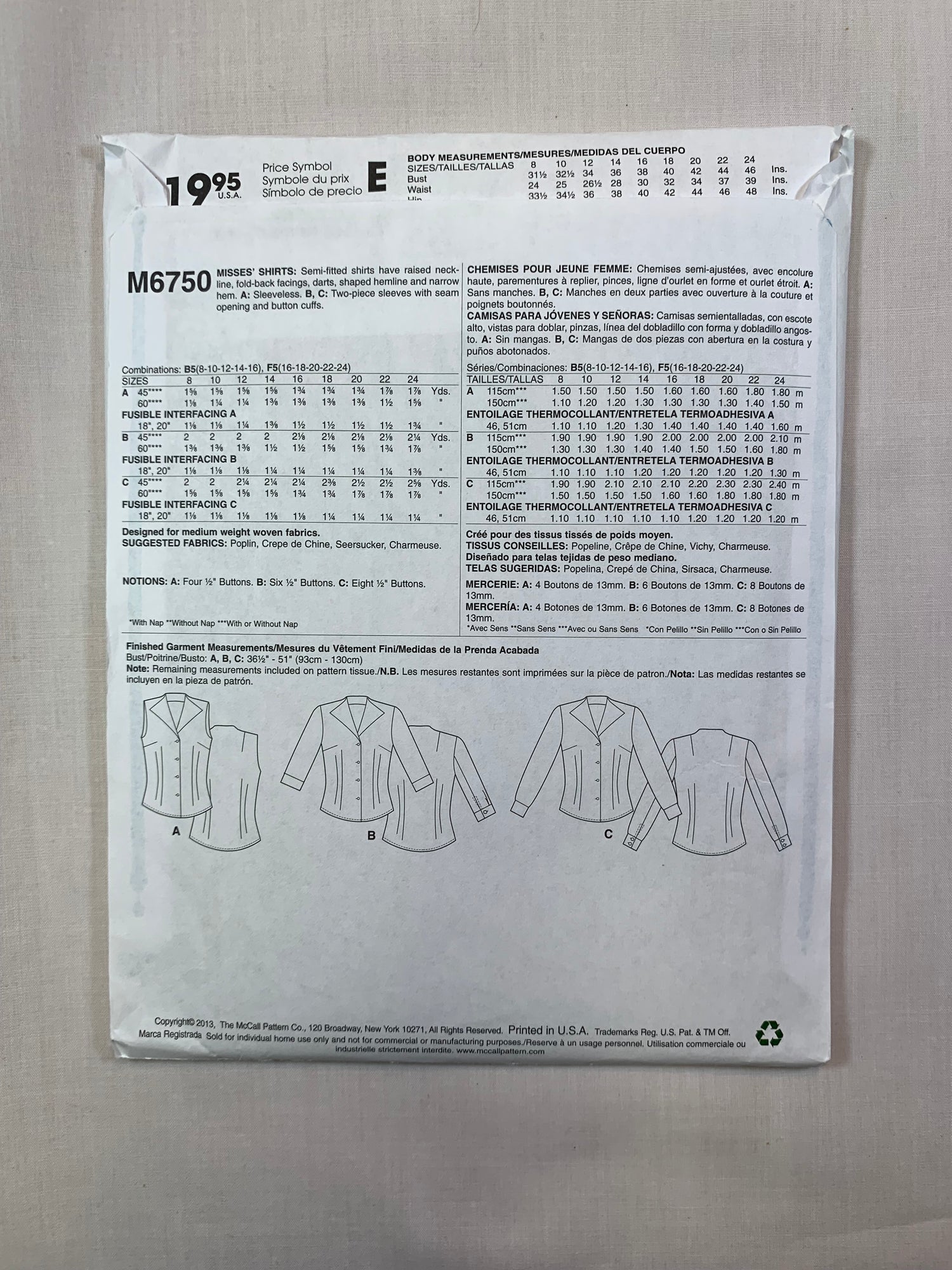 McCall's M6750 Misses' Shirts, Size 16-24, Uncut, 2013