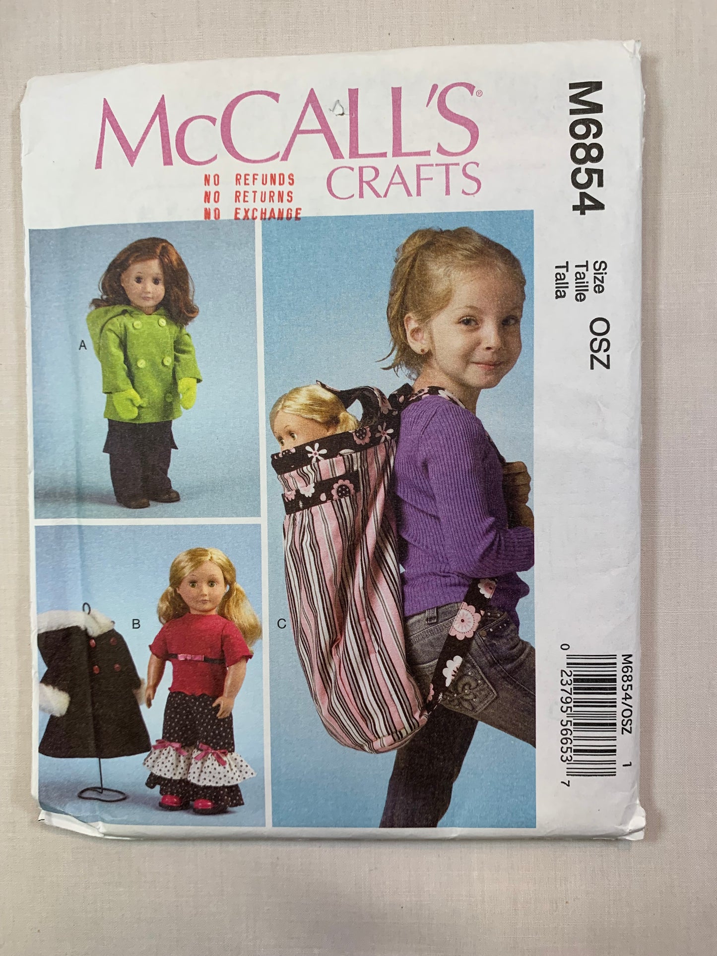 McCall's M6854 Crafts Doll Clothes, Size 18" Dolls, Backpack, Uncut, 2013