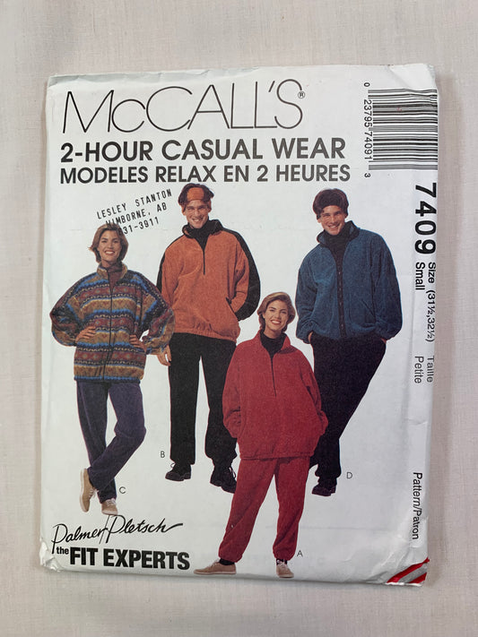 McCall's 7409 Misses' Men's Unlined Jacket, Top, Pants, Headband, Size 31 1/2-32 1/2, Uncut, Vintage 1994
