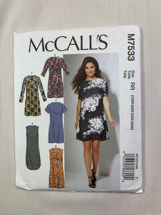McCall's M7533 Misses' Dresses. Size 18W-24W, Uncut, 2017