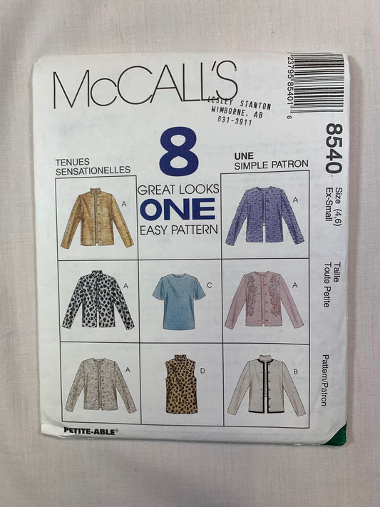 McCall's 8540 Misses' Unlined Jacket, Top, Size 4-6, Uncut, Vintage 1996