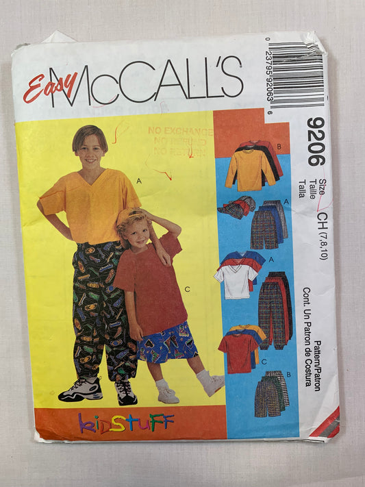 McCall's 9206 Boys' Shirt, Tops, Pants, Shorts, Hats, Size 7-10, Cut, Vintage 1998