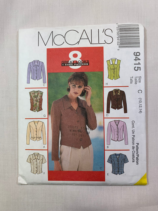 McCall's 9415 Misses' Tops, Size 10-14, Uncut, Vintage 1998