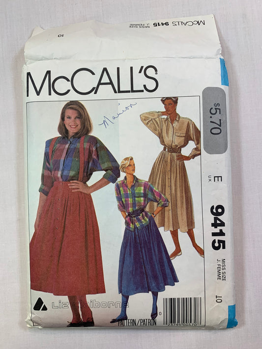 McCall's 9415 Blouse, Skirt, Suspenders, Size 10, Cut, Vintage 1985
