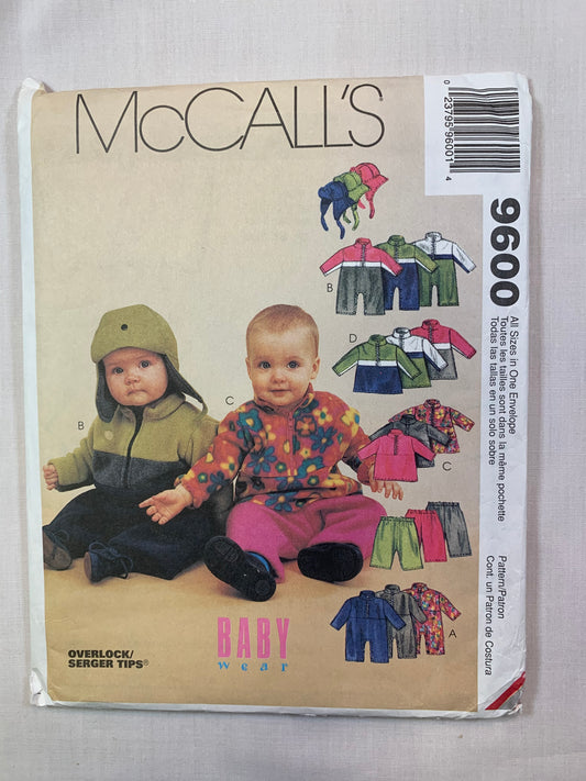 McCall's 9600 Infants' Top, Pants, Hat, Jumpsuit, Size 13-24 Pounds, Cut, Vintage 1998