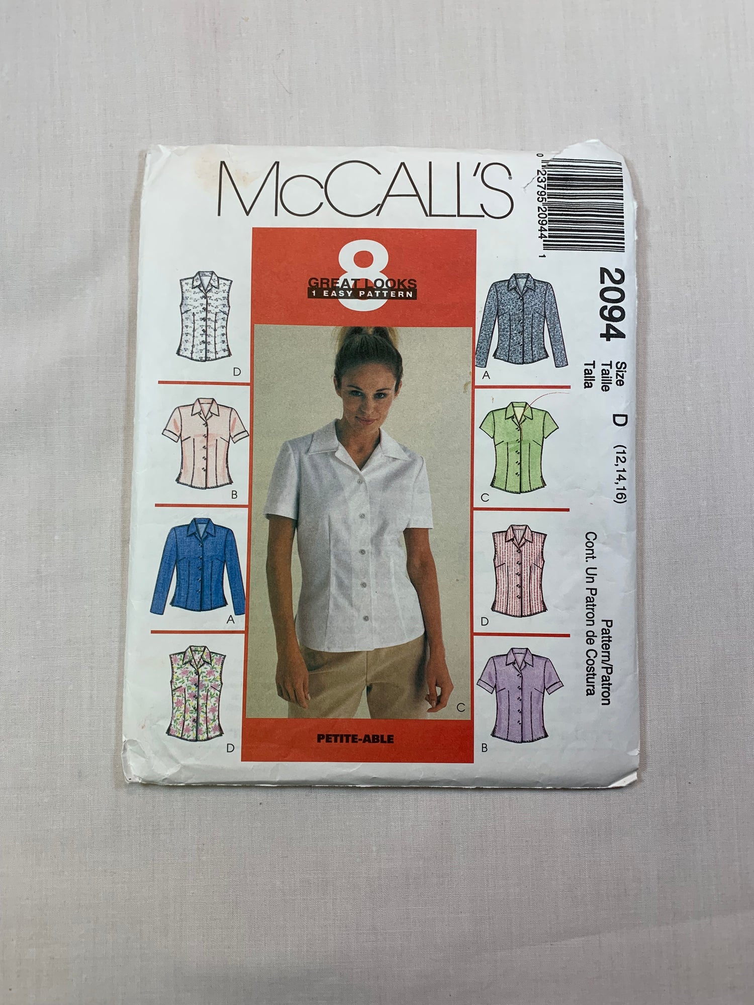 McCall's Sewing Pattern 2094 Misses' Top, Long/Short Sleeves, Sleeveless, Button Front, Collar, Size 12-16, Cut, Vintage 1999