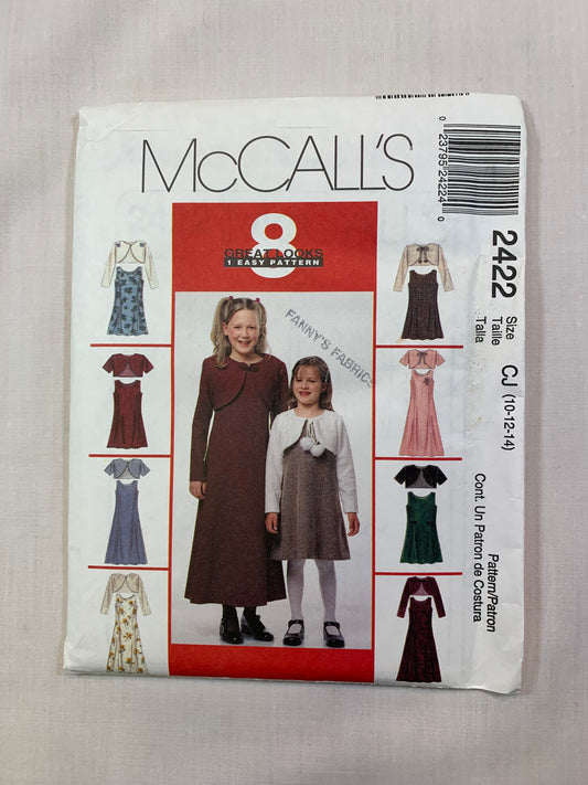 McCall's 2422 Girls' Dress, Lined Bolero, Size 10-14 Uncut, Vintage 1999