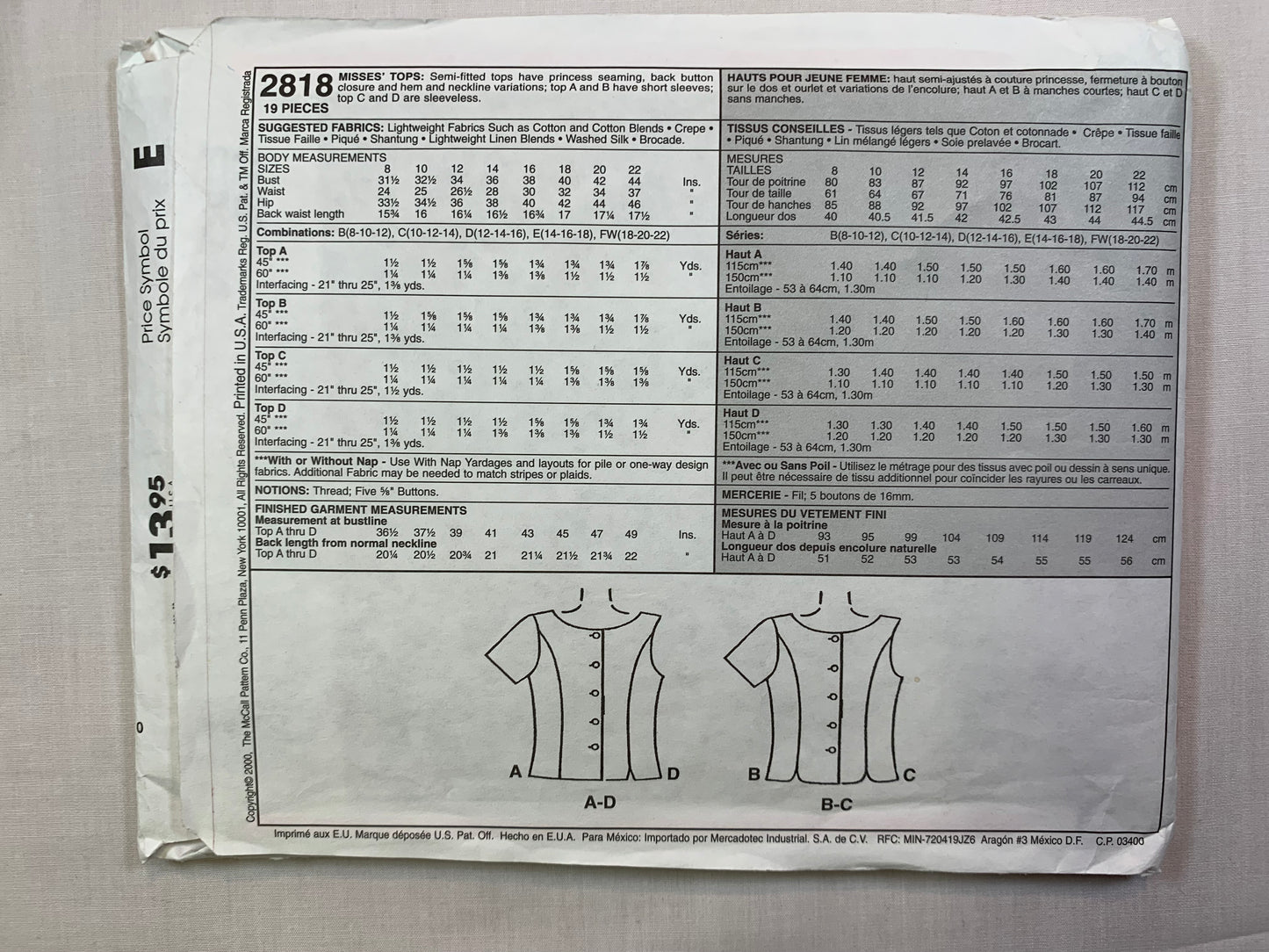 McCall's 2818 Misses' Top, Size 12-16, Cut, 2000
