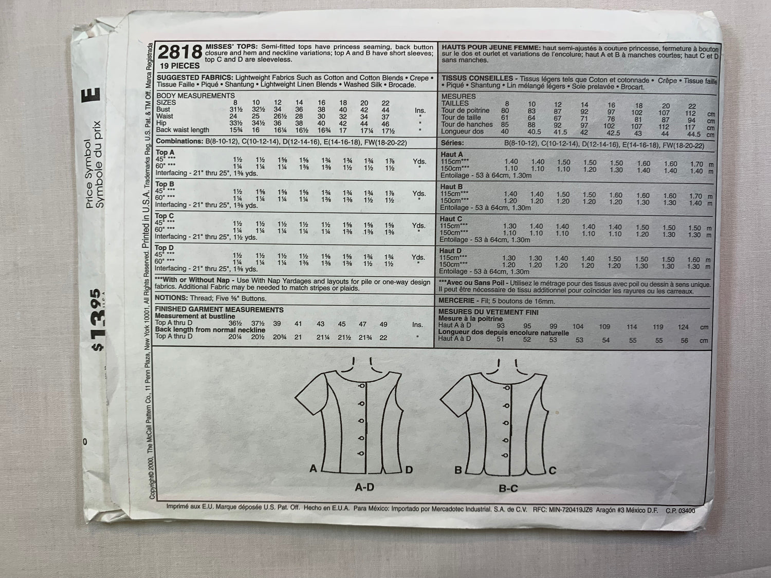 McCall's 2818 Misses' Top, Size 12-16, Cut, 2000