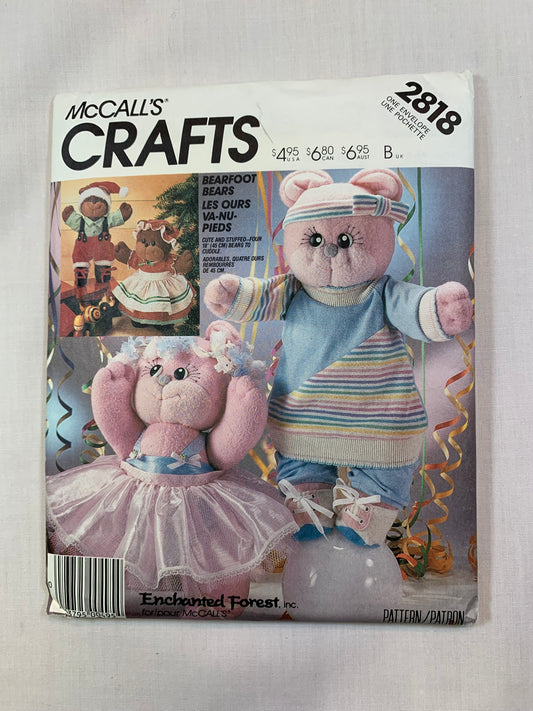 McCall's 2818 Crafts Stuffed Bearfoot Bear, Doll Clothes, Uncut, Vintage 1989