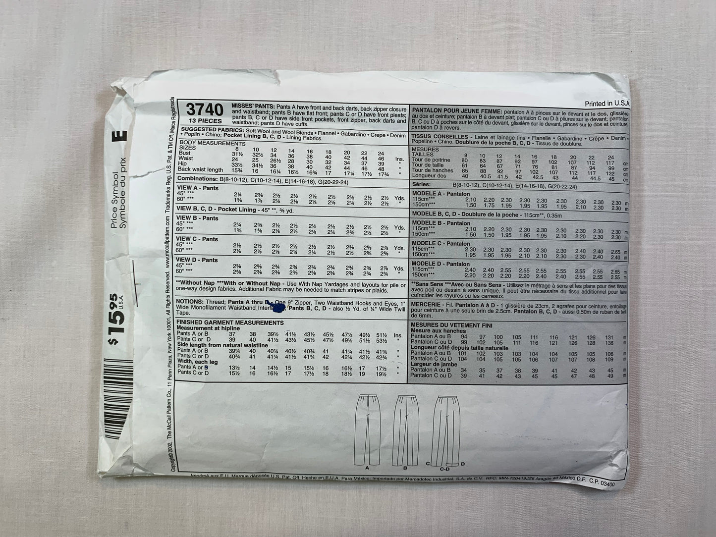 McCall's 3740 Misses' Pants, Size 10-14, Cut, 2002