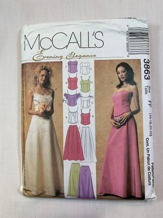 McCall's 3863 Misses'/Miss Petite Lined Tops, Skirts, Gowns, Size 16-22, Uncut, 2002