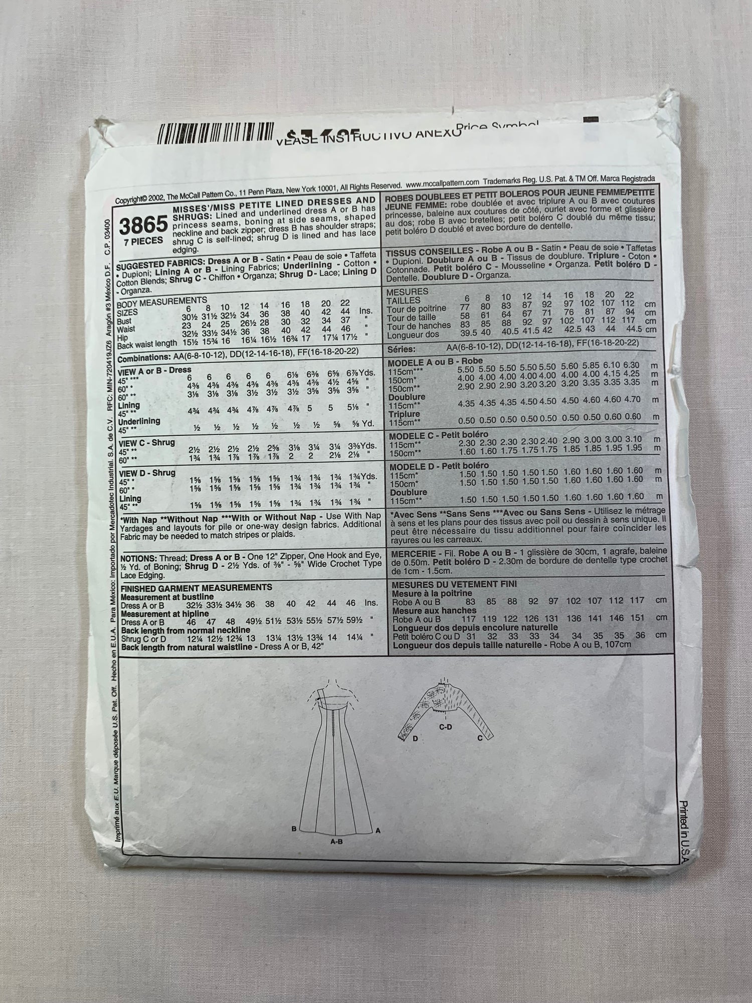 McCall's 3865 Misses'/Miss Petite Lined Dresses. Shrugs, Size 16-22, Cut, 2002 Media 1 of 2