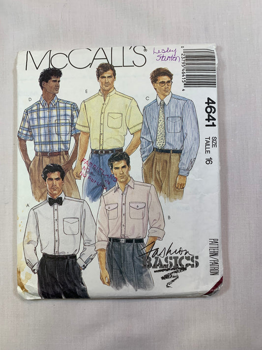 McCall's 4641 Men's Shirt, Size 16, Cut, Vintage 1989