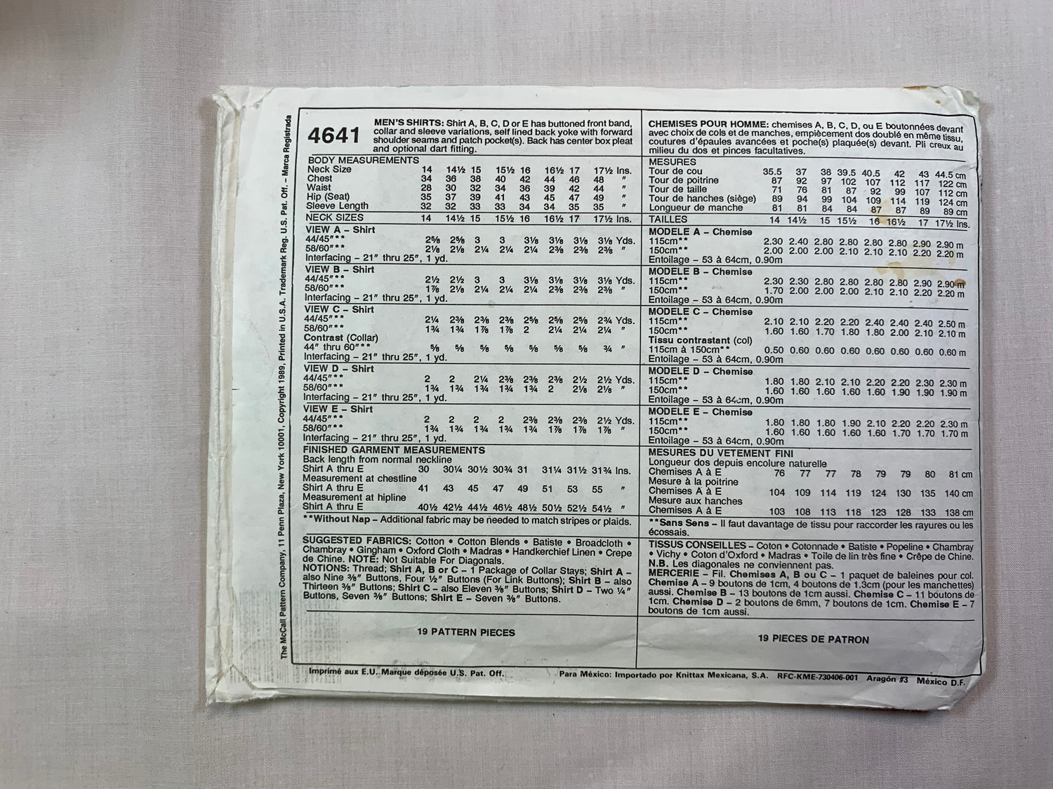McCall's 4641 Men's Shirt, Size 16, Cut, Vintage 1989