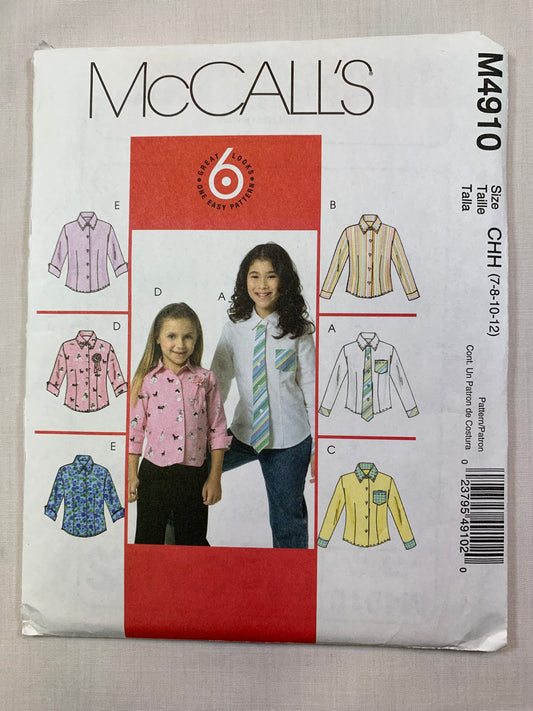 McCall's M4910 Girls' Shirts, Size 7-12 Uncut, 2006