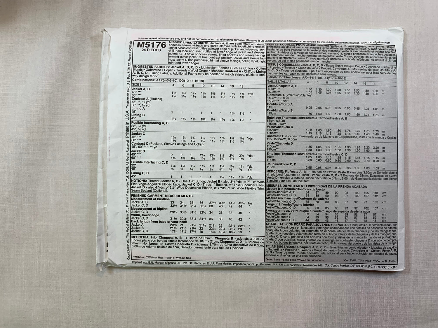McCall's M5176 Misses' Lined Jackets, Size 4-10, Uncut, 2006