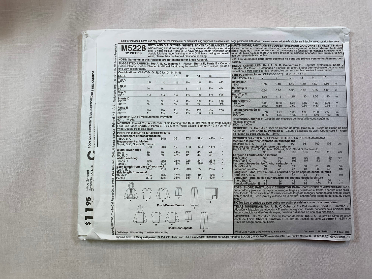 McCall's M5228 Girls' Boy's Shirt, Tops, Pants, Shorts, Blanket, Size 7-12, Uncut, 2006