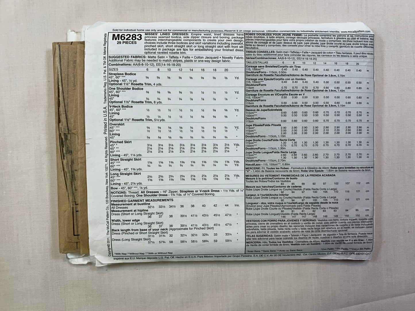 McCall's M6283 Misses' Dresses. Size 6-12, Cut, 2011