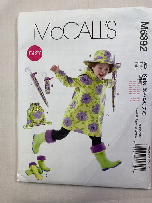 McCall's M6392 Girls' Raincoat, Hat, Boot Liners, Backpack, Umbrella Cases, Size 3-8, Cut, 2010