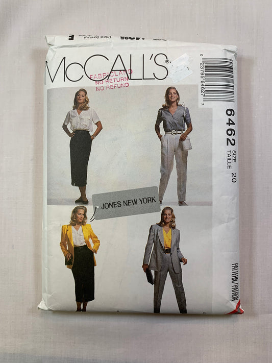 McCall's 6462 Misses' Lined Jacket, Top, Skirt, Pants, Size 20, Cut, Vintage 1993