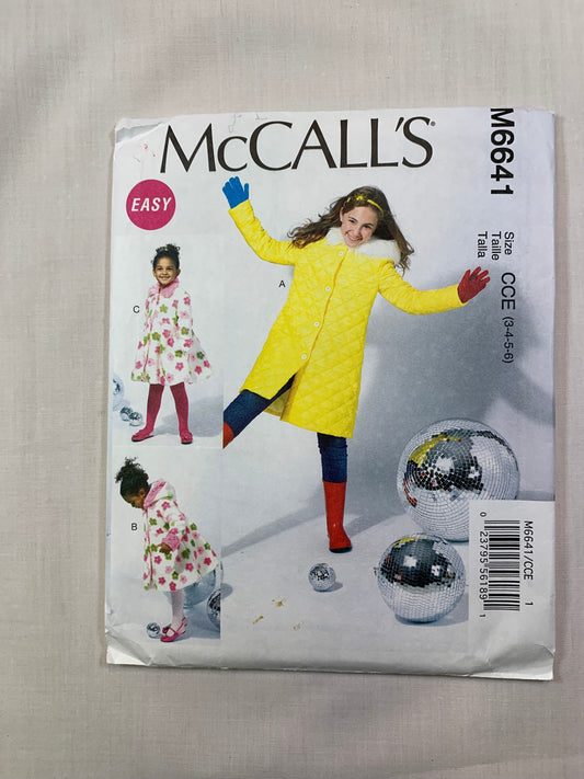 McCall's M6641 Children's, Girls' Lined Coats, Size 3-6, Uncut, 2012