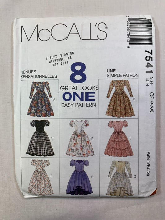 McCall's 7541 Girls' Dresses, Size 4-6, Uncut, Vintage 1995