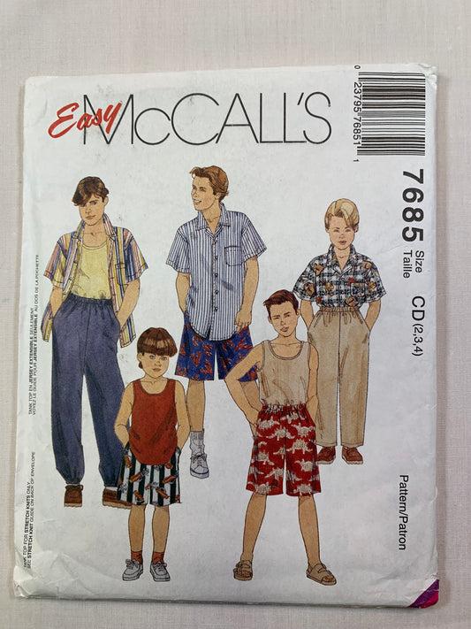 McCall's 7685 Boys' Shirt, Tops, Pants, Shorts, Size 2-4, Cut, Vintage 1996