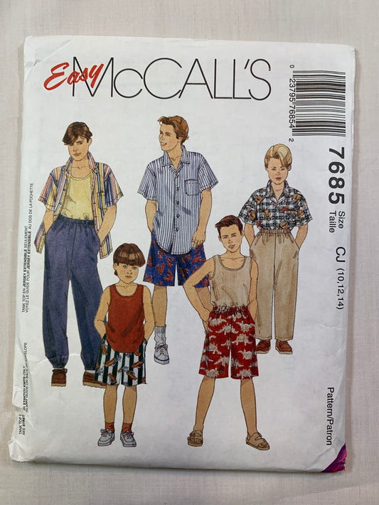 McCall's 7685 Boys' Shirt, Tops, Pants, Shorts, Size 10-14, Cut, Vintage 1996