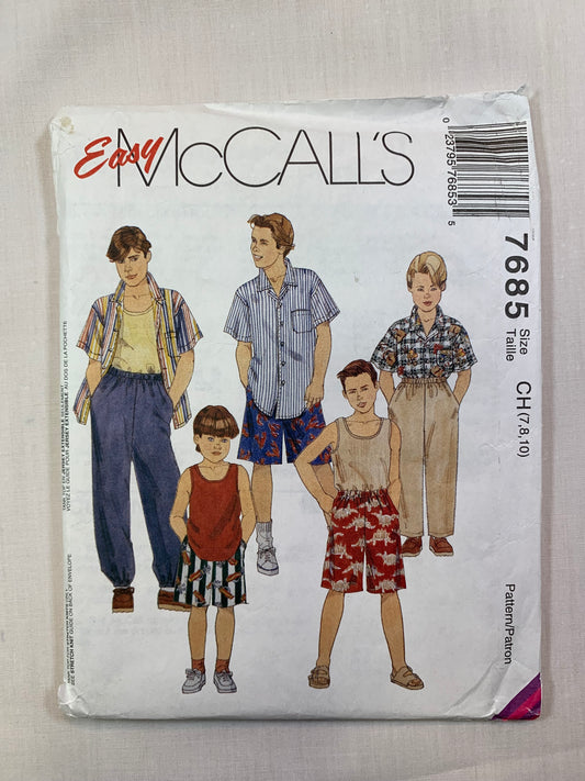 McCall's 7685 Boys' Shirt, Tops, Pants, Shorts, Size 7-10, Cut, Vintage 1996